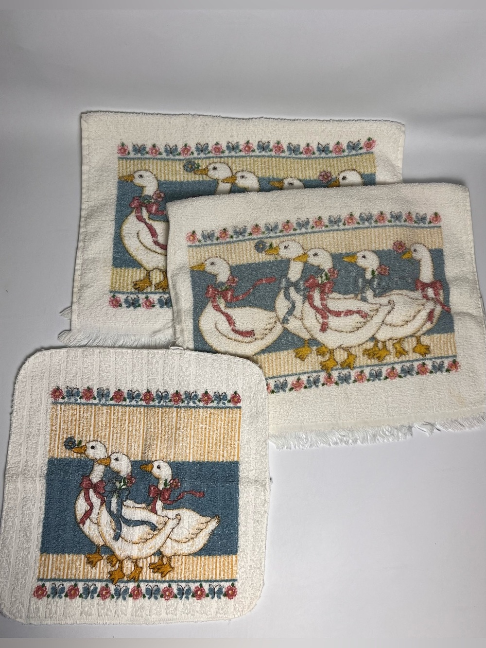 Lot of 3 VTG Cannon 80s Country Geese Goose Rag Towel Fringe READ Cottage Core